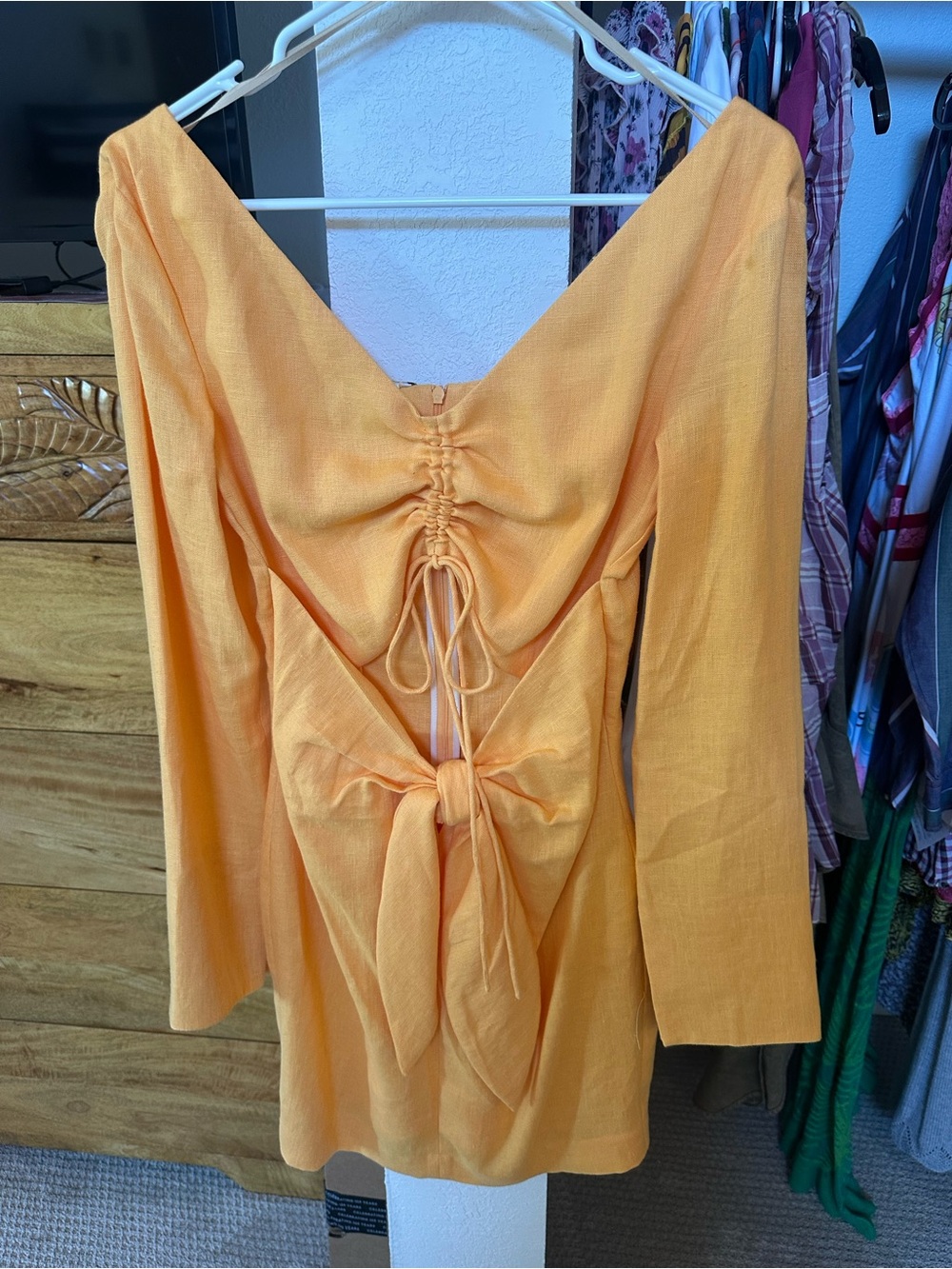 Nanushka Long-Sleeve Back-Tie Mini Dress in Peach